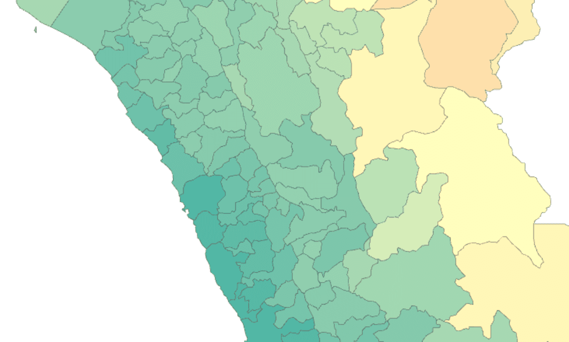 A district-level choropleth of Peru's under-5 death rate — dense coastal districts shading green against the paler interior.