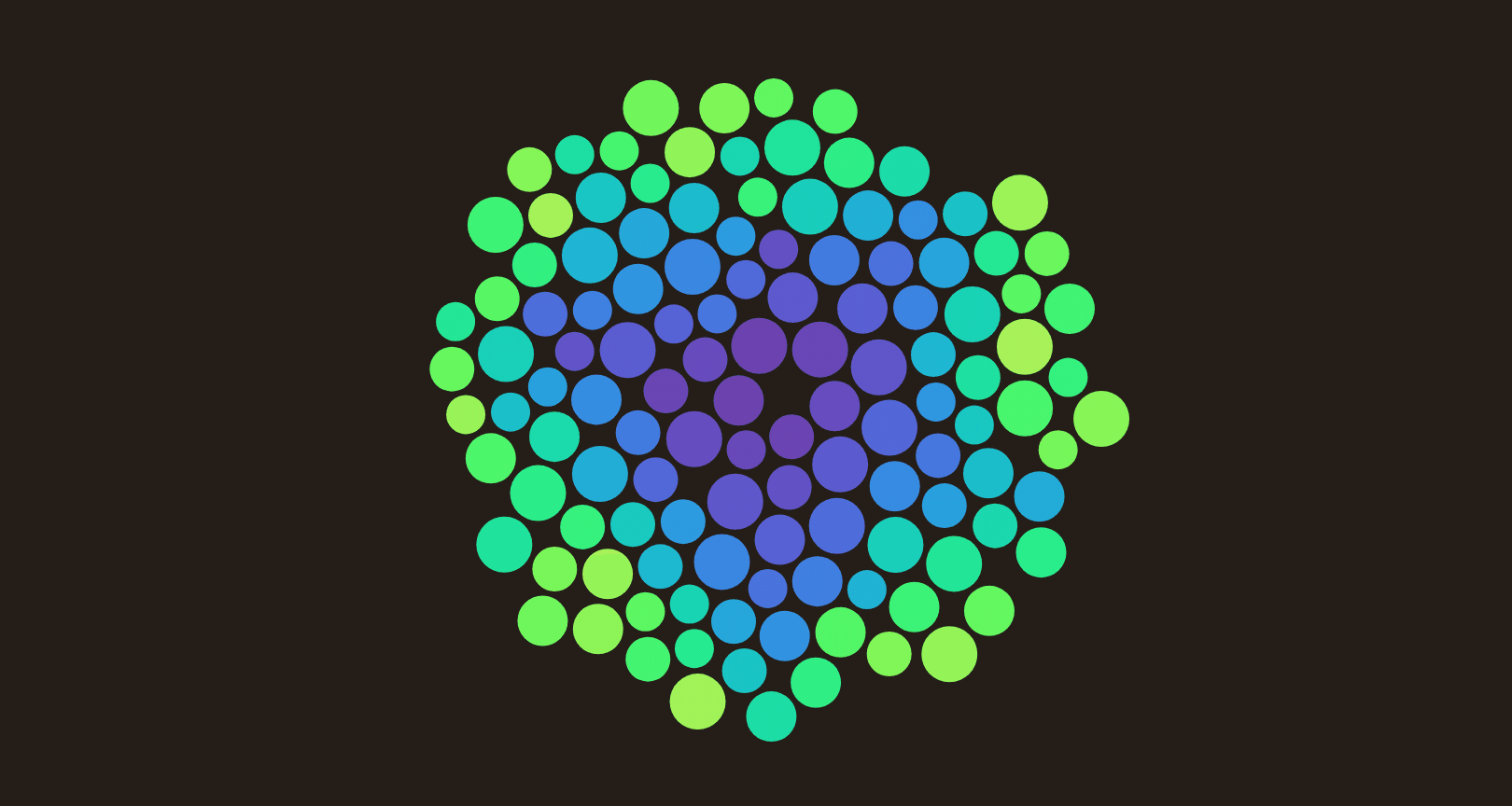 The simulation at rest — a round cluster of collision-packed dots, violet at the core shading out through blue to green at the rim.