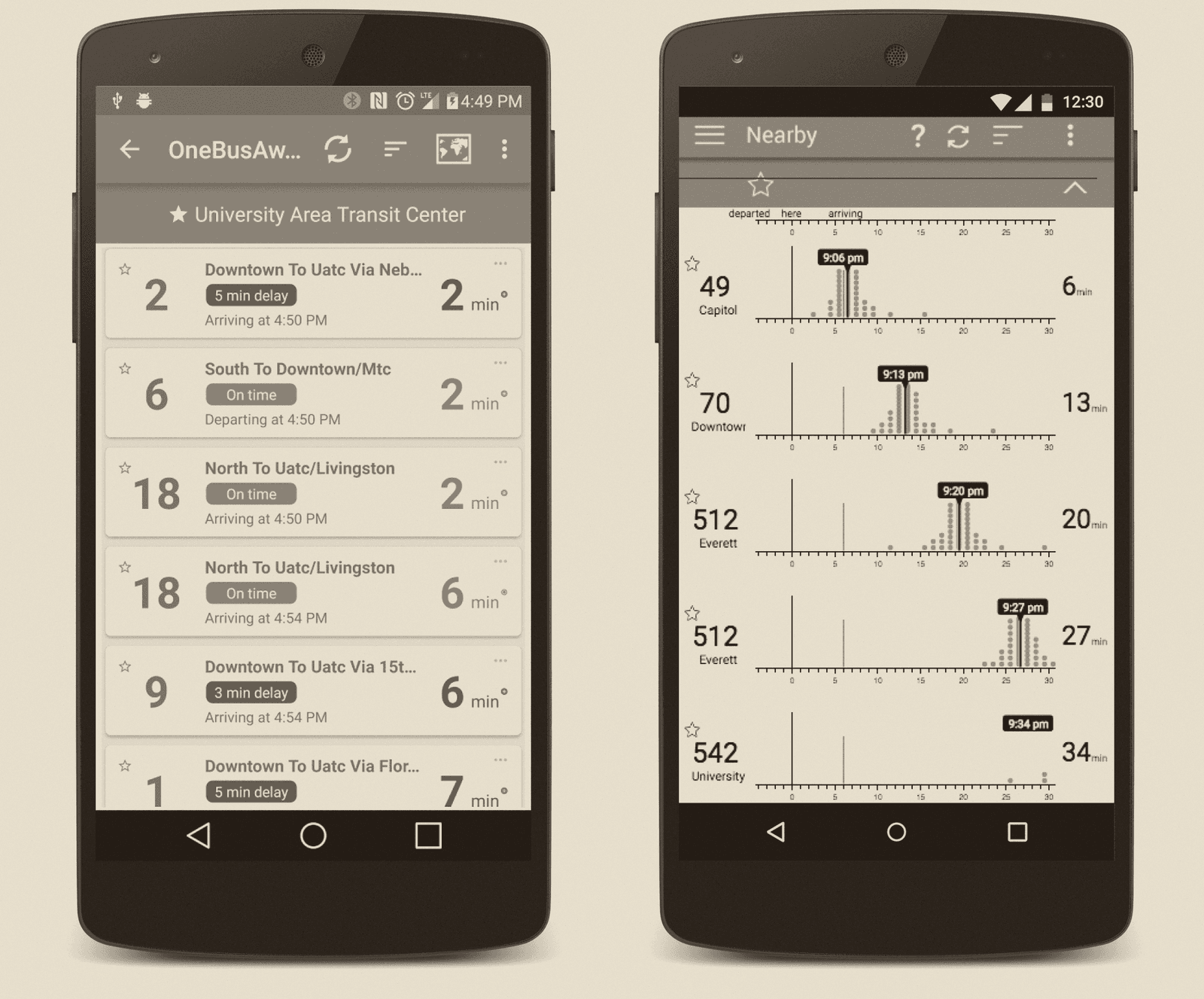 OneBusAway before and after: the standard app beside our version, which shows each bus's spread of likely arrival times.